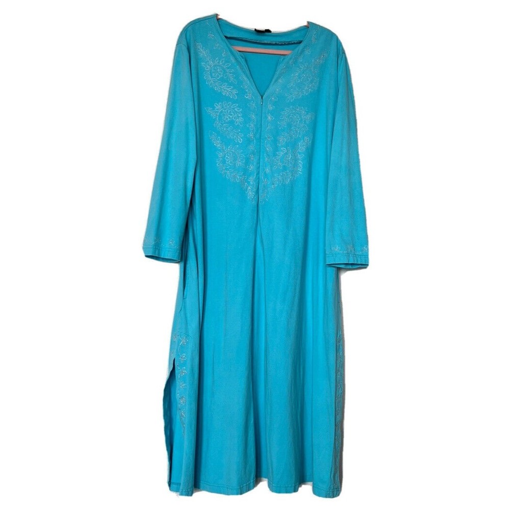J EEVAN Life Wear Women’s SZ XL Turquoise Metallic Floral Embroidered Long Robe